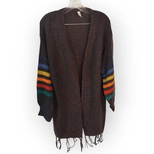 LLove Women's Cardigan Retro Block Stripes & Fringe Sweater Open Front Brown S